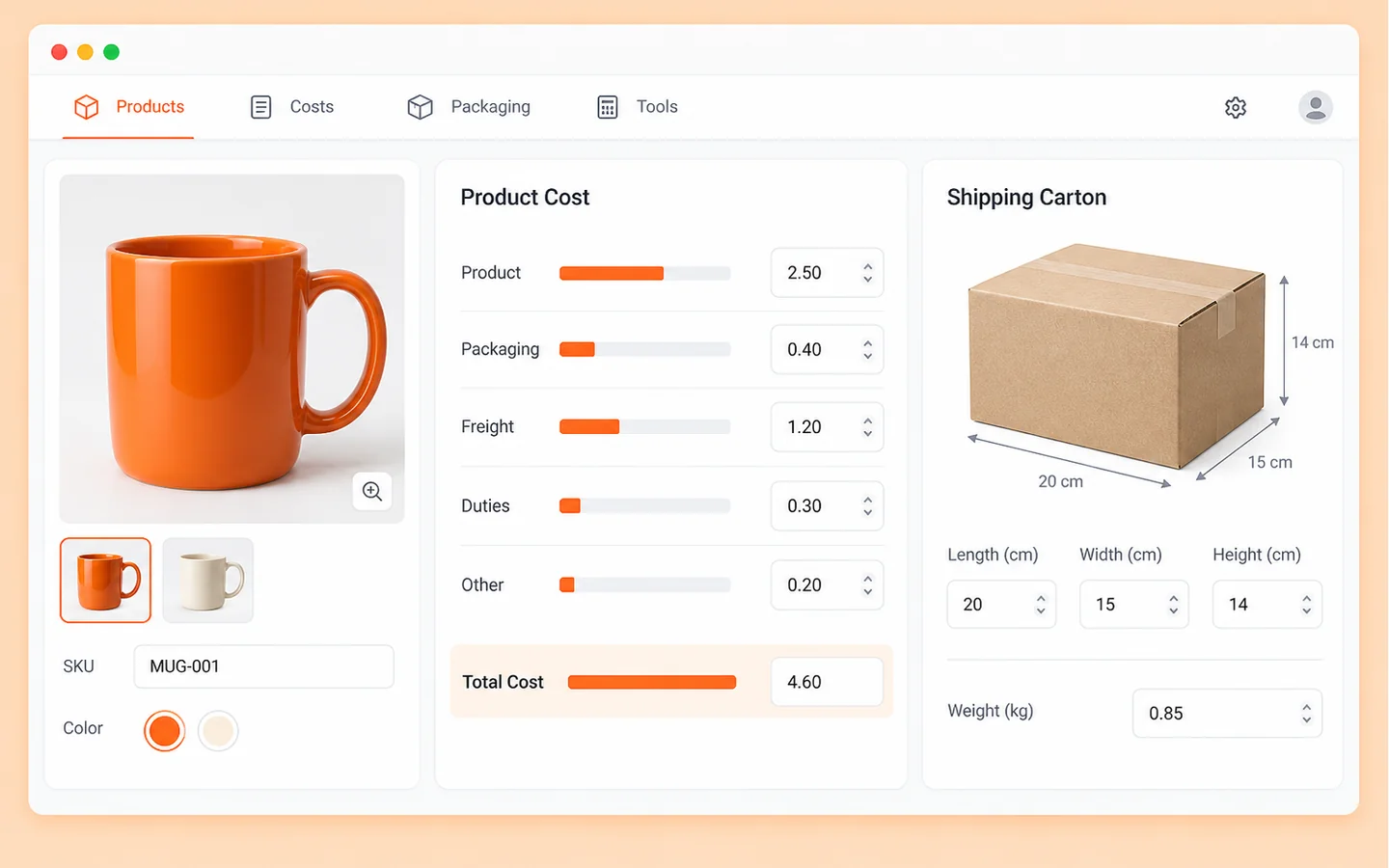 Seller workspace · Total costs · SKU variants · Dimensions · Illustrative preview
