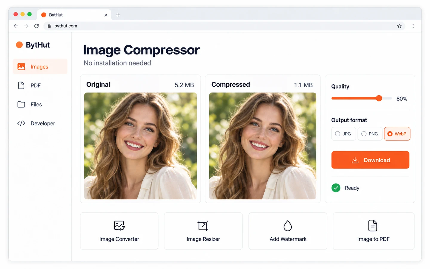 Image Compressor · Original / Optimized · Illustrative preview