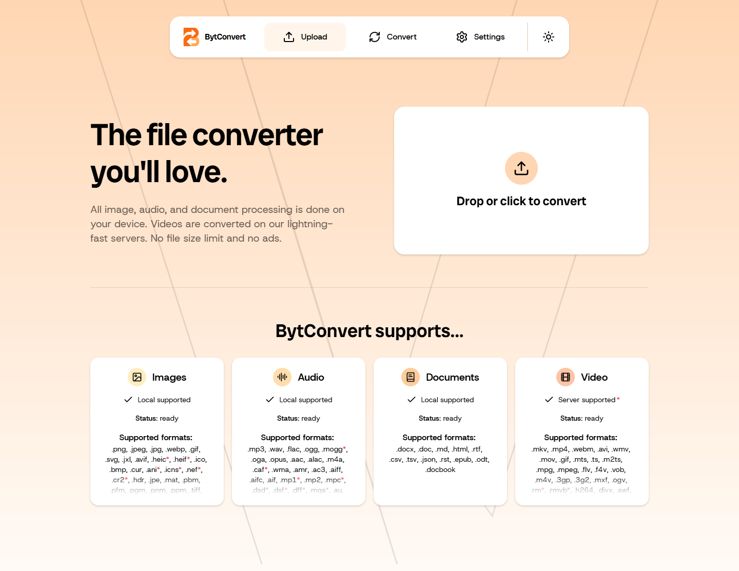 BytConvert upload page showing image, audio, document and video conversion support
